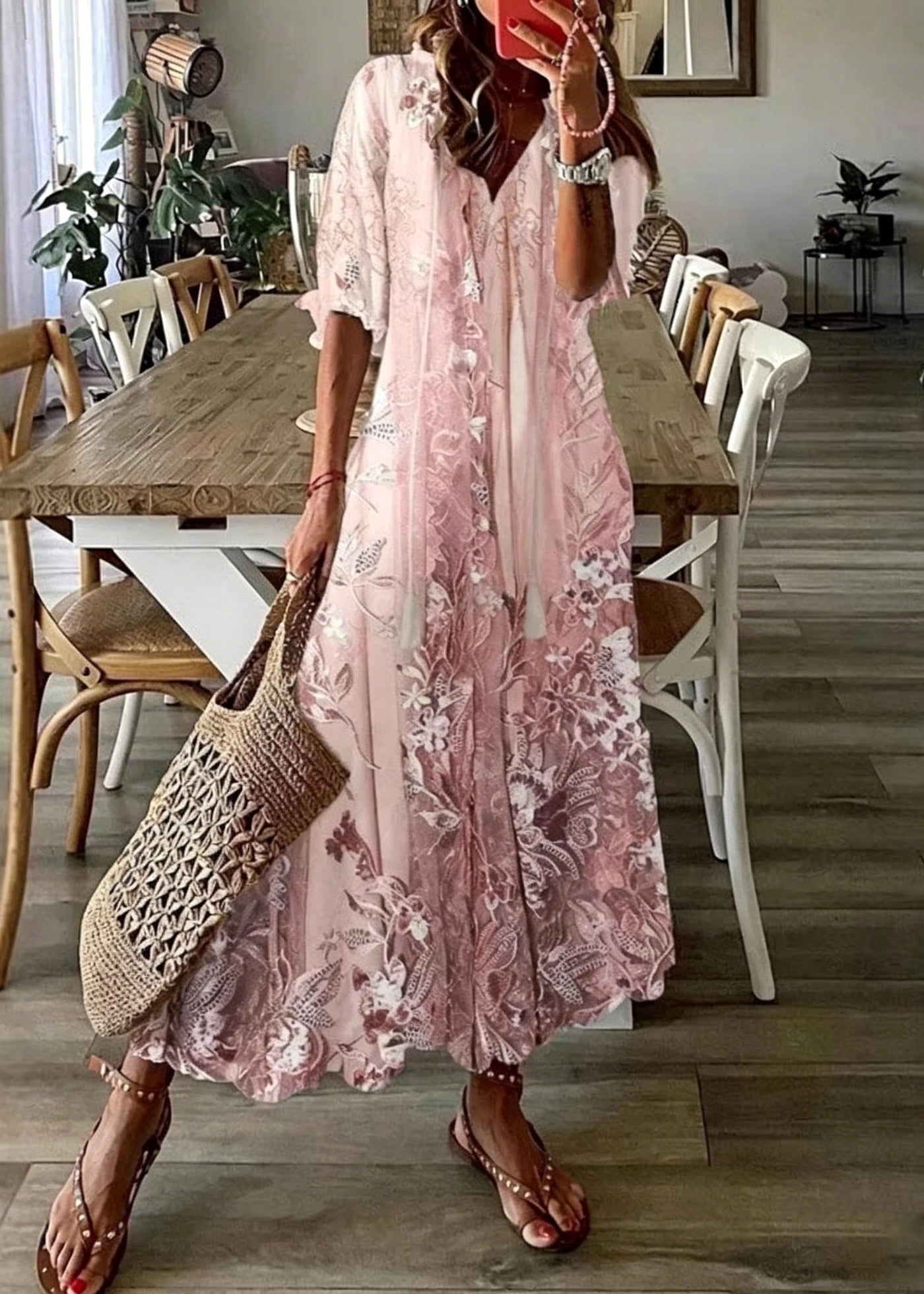 Beautiful Pink V Neck Print Chiffon Maxi Dresses Summer