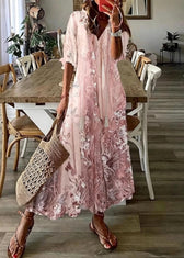 Beautiful Pink V Neck Print Chiffon Maxi Dresses Summer