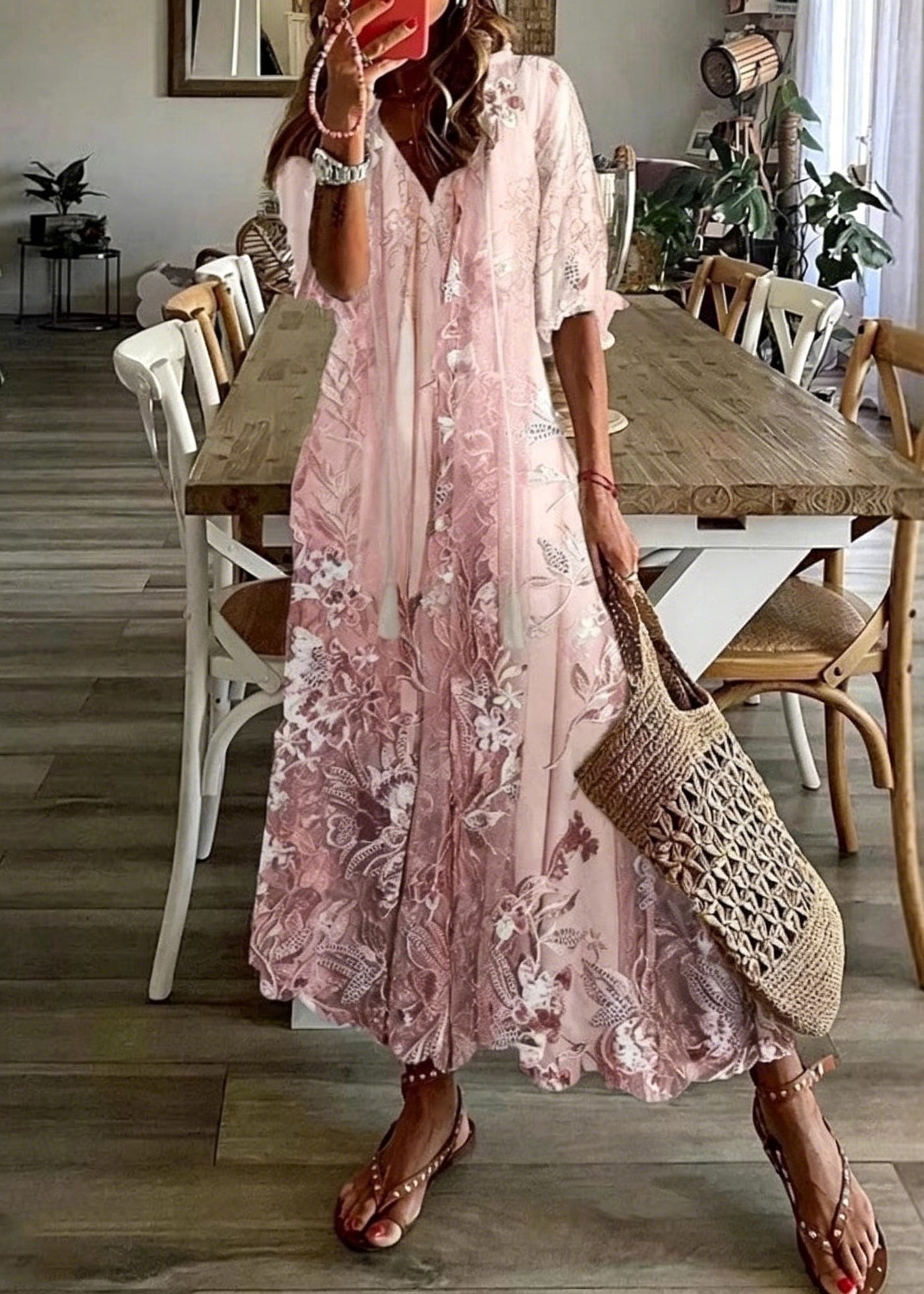 Beautiful Pink V Neck Print Chiffon Maxi Dresses Summer 3