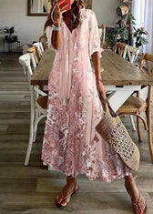 Beautiful Pink V Neck Print Chiffon Maxi Dresses Summer 3