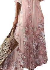 Beautiful Pink V Neck Print Chiffon Maxi Dresses Summer 5
