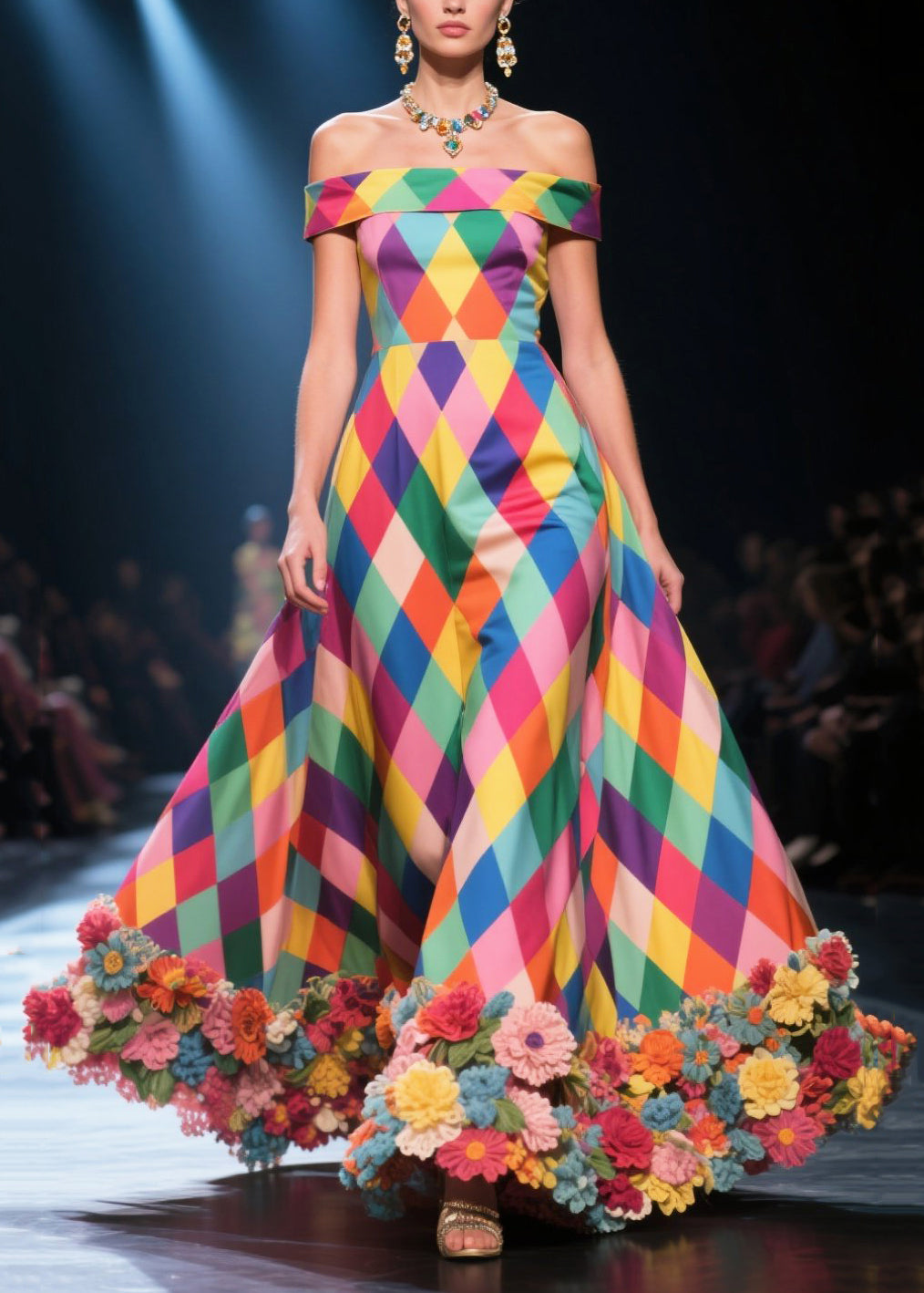 Off Shoulder Harlequin Diamond Print 3D Floral Hem Ball Gown
