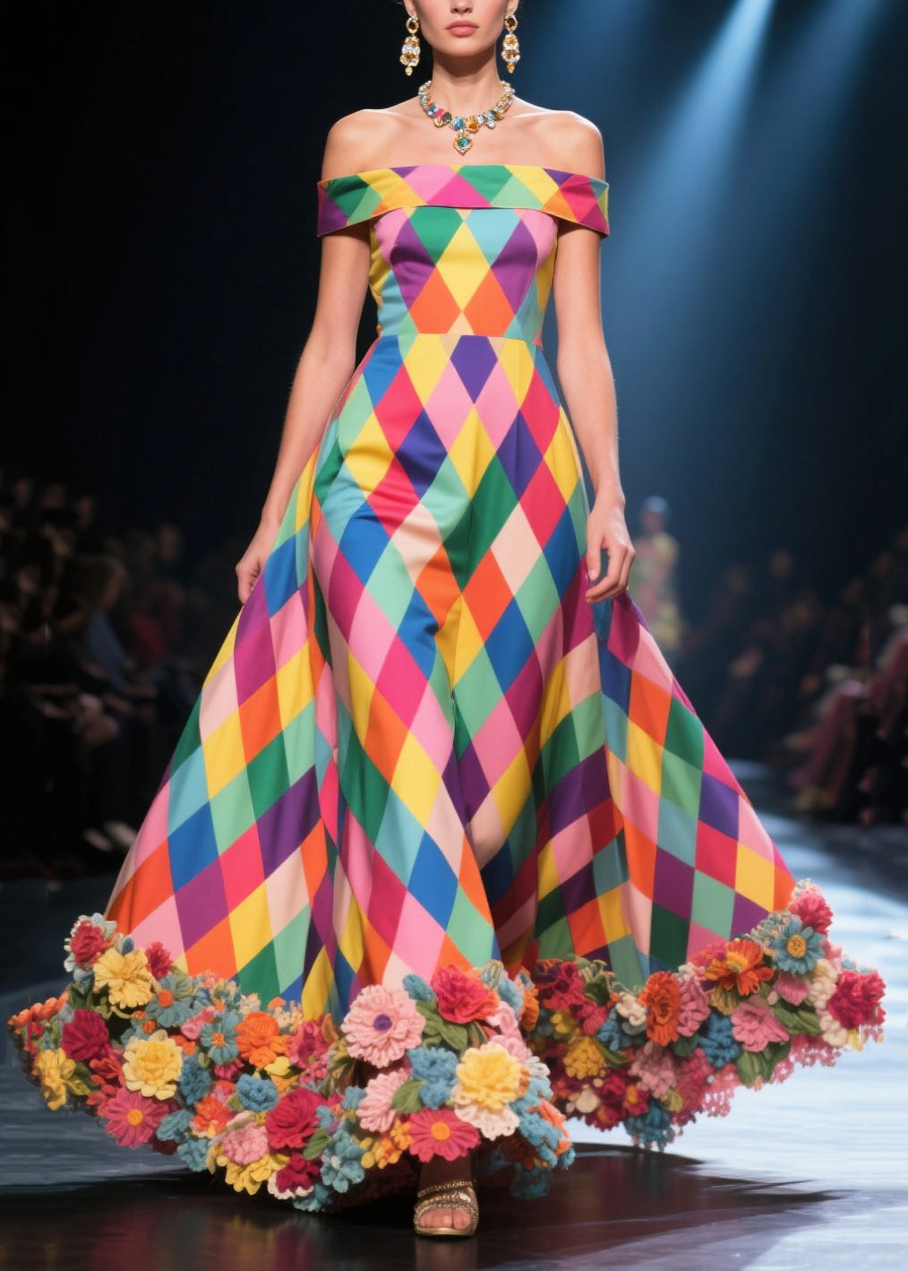 Off Shoulder Harlequin Diamond Print 3D Floral Hem Ball Gown