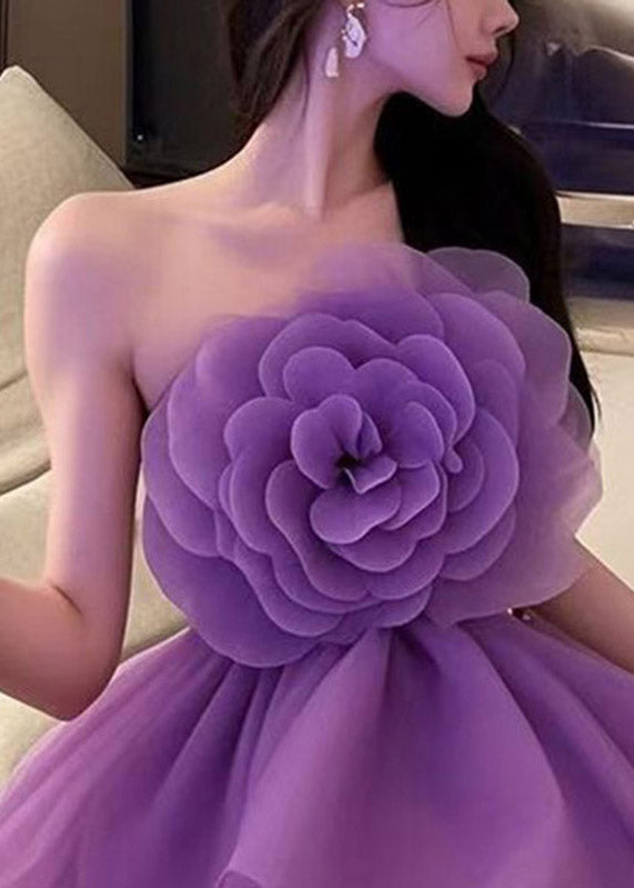 Organza Strapless 3D Flower Rosette Tiered Ruffle Mini Dress