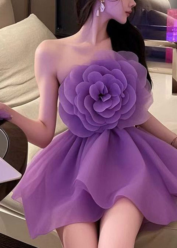 Organza Strapless 3D Flower Rosette Tiered Ruffle Mini Dress