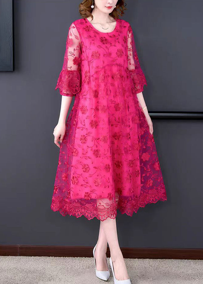 Beautiful Purple O-Neck Embroidered Tulle Long Dresses Half Sleeve
