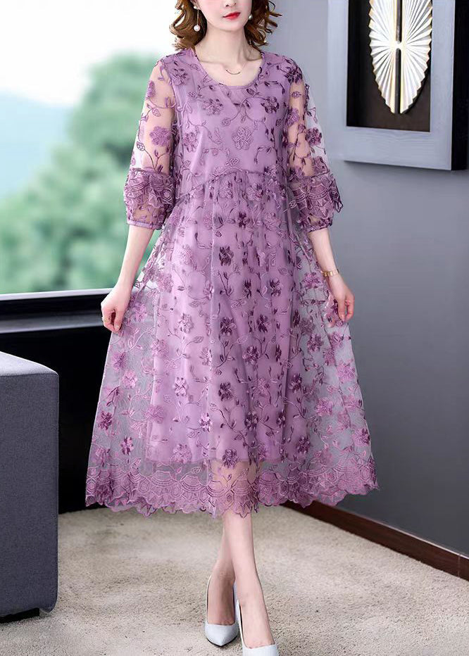 Floral Embroidered Mesh Three Quarter Puff Sleeve Empire Waist Midi Dress