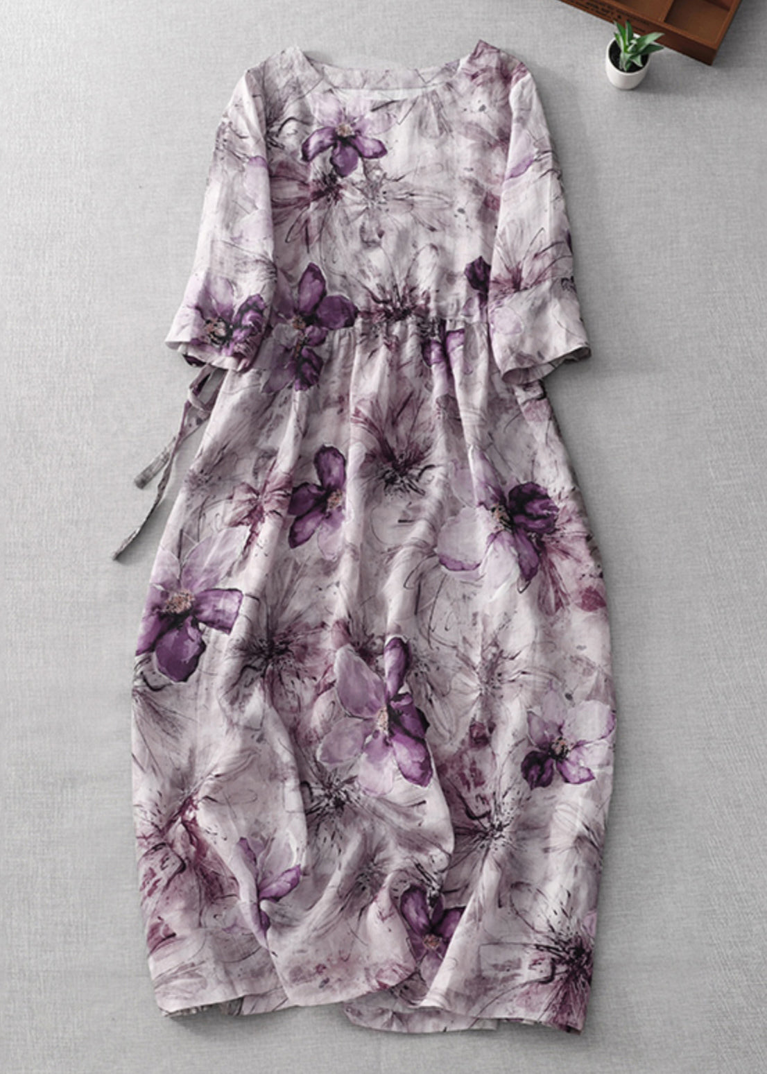 Floral Print Round Neck Bracelet Sleeve Tie Waist Gathered A-Line Midi Dress