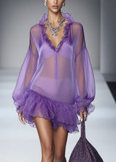 Beautiful Purple Ruffled Solid Tulle Mid Dress Spring 3