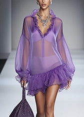 Beautiful Purple Ruffled Solid Tulle Mid Dress Spring 5