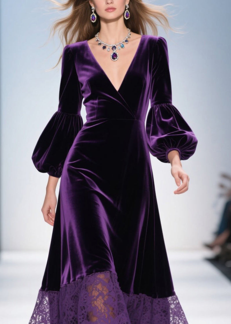 Velvet Lace Hem Wrap Deep V-Neck Balloon Sleeve Maxi Dress