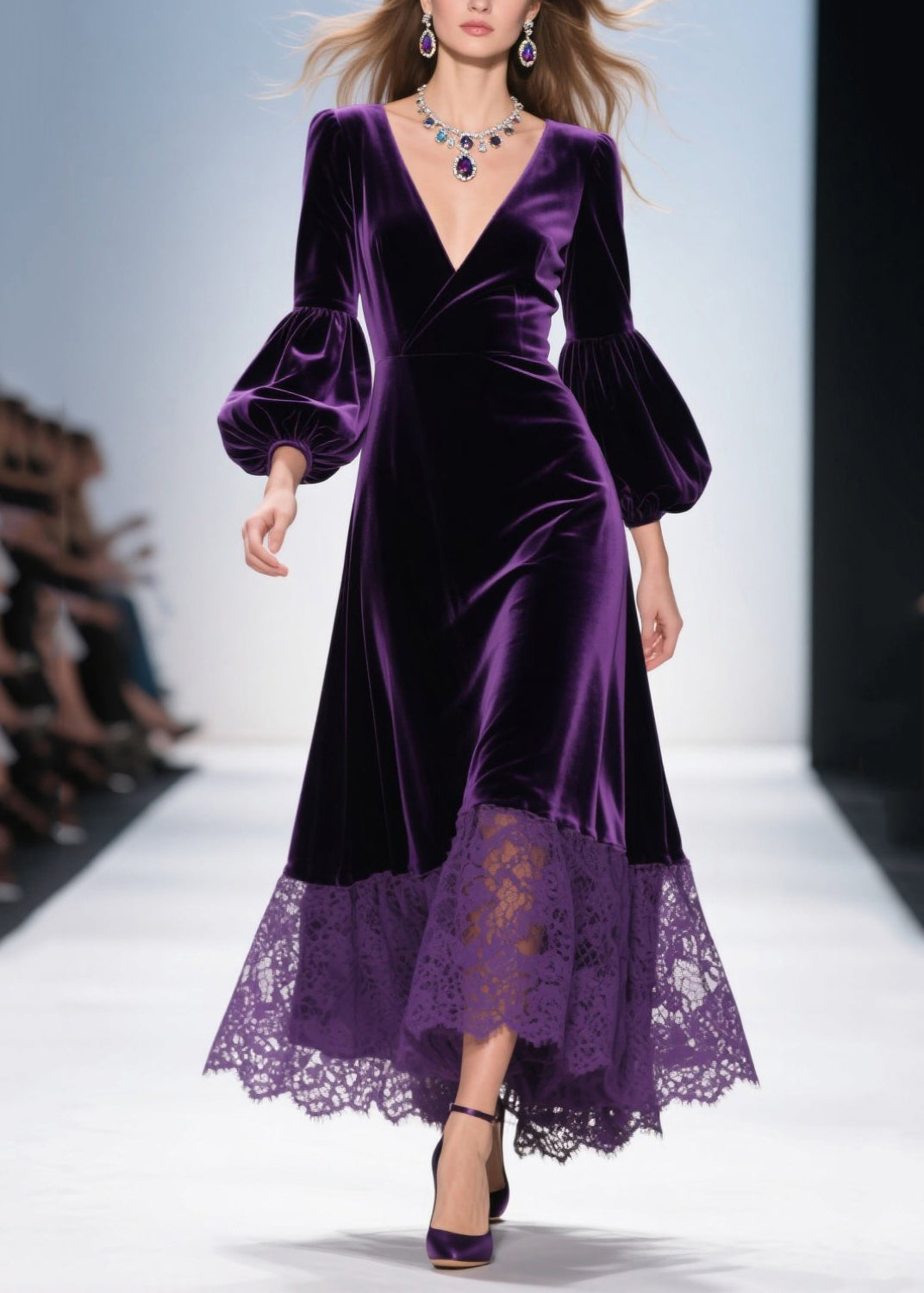 Velvet Lace Hem Wrap Deep V-Neck Balloon Sleeve Maxi Dress