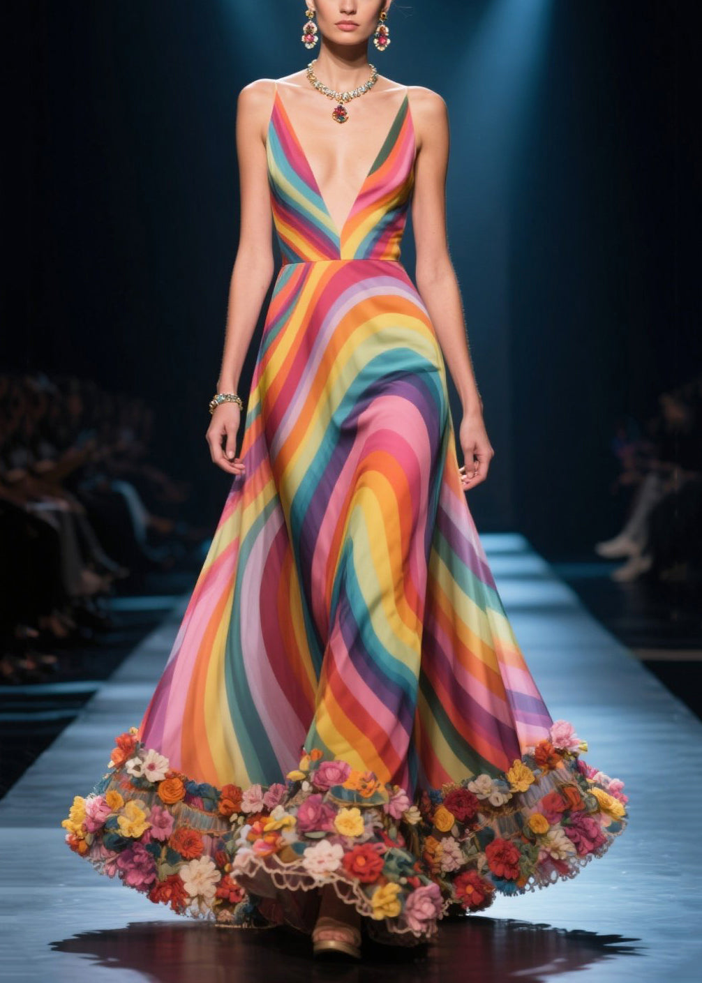 Wavy Stripe Print Deep V-Neck Spaghetti Strap 3D Floral Appliqué Hem Ball Gown