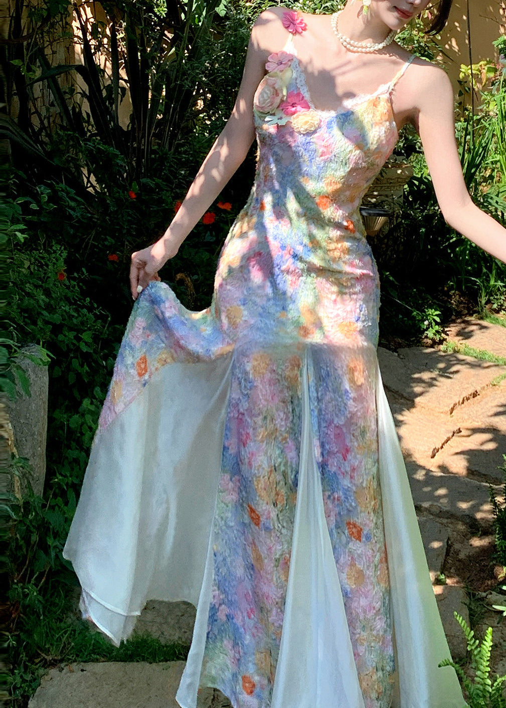 Beautiful Rainbow Floral Maxi Spaghetti Strap Dress Summer