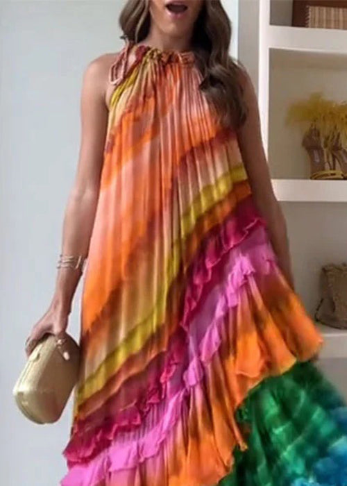 Beautiful Rainbow Wrinkled Lace Up Cotton Maxi Dresses Sleeveless 2