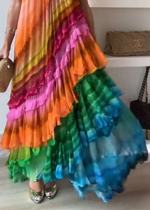 Beautiful Rainbow Wrinkled Lace Up Cotton Maxi Dresses Sleeveless 3