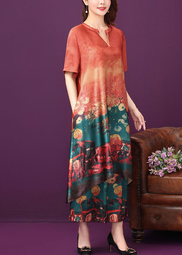 Satin Abstract Print Short Sleeve Notch Neck Tunic Wide Leg Pants Two Piece Set