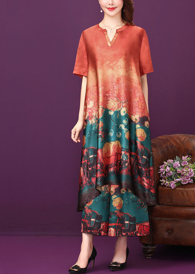 Satin Abstract Print Short Sleeve Notch Neck Tunic Wide Leg Pants Two Piece Set