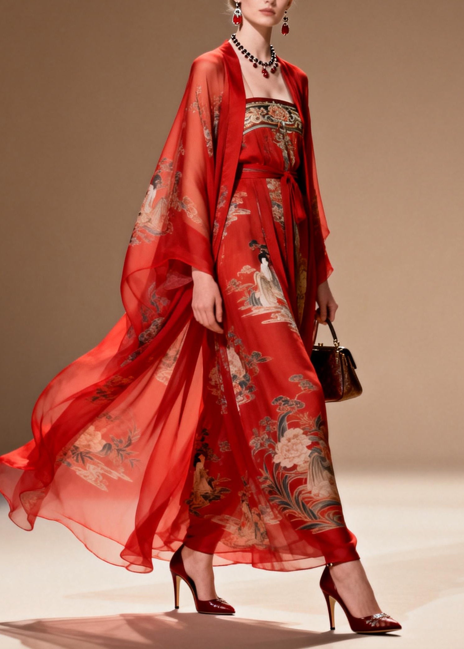 Chiffon Illustrative Print Kimono Sleeve Belted Two Piece Maxi Gown Set