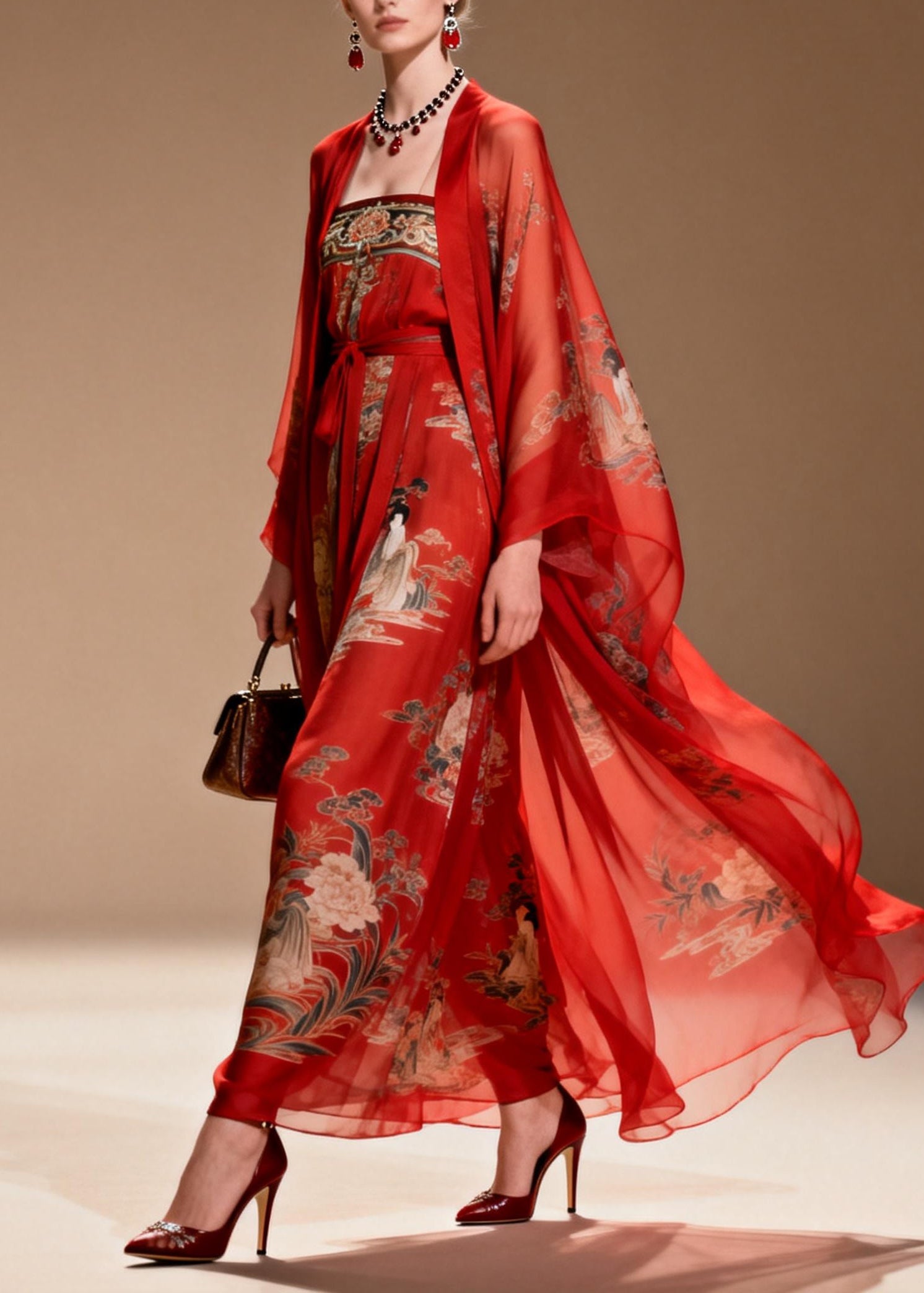 Chiffon Illustrative Print Kimono Sleeve Belted Two Piece Maxi Gown Set