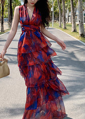 Beautiful Red V Neck Print Chiffon Tunic Maxi Dresses Summer
