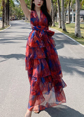 Beautiful Red V Neck Print Chiffon Tunic Maxi Dresses Summer 2
