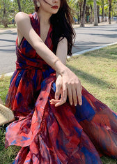 Beautiful Red V Neck Print Chiffon Tunic Maxi Dresses Summer 4