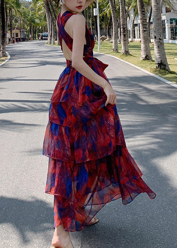 Beautiful Red V Neck Print Chiffon Tunic Maxi Dresses Summer 5