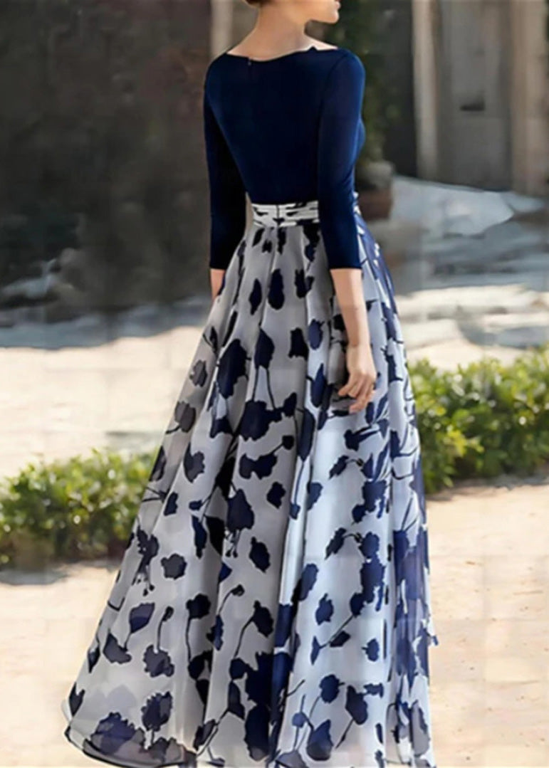 Floral Print V-Neck Surplice Three Quarter Sleeve Floral Waist A-Line Maxi Gown