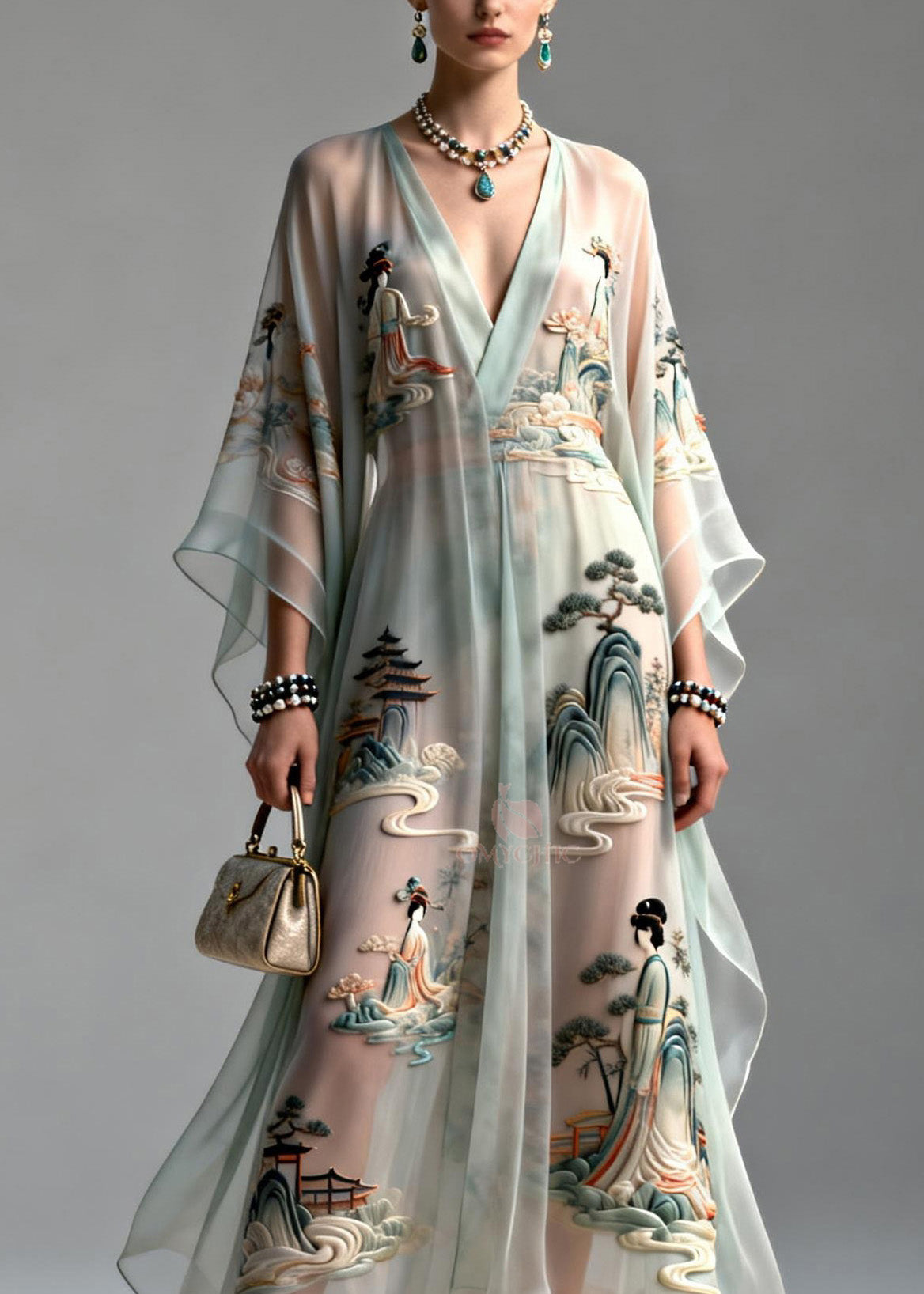 3D Embroidered Landscape Deep V-Neck Kimono Sleeve Asymmetrical Kaftan Maxi Gown