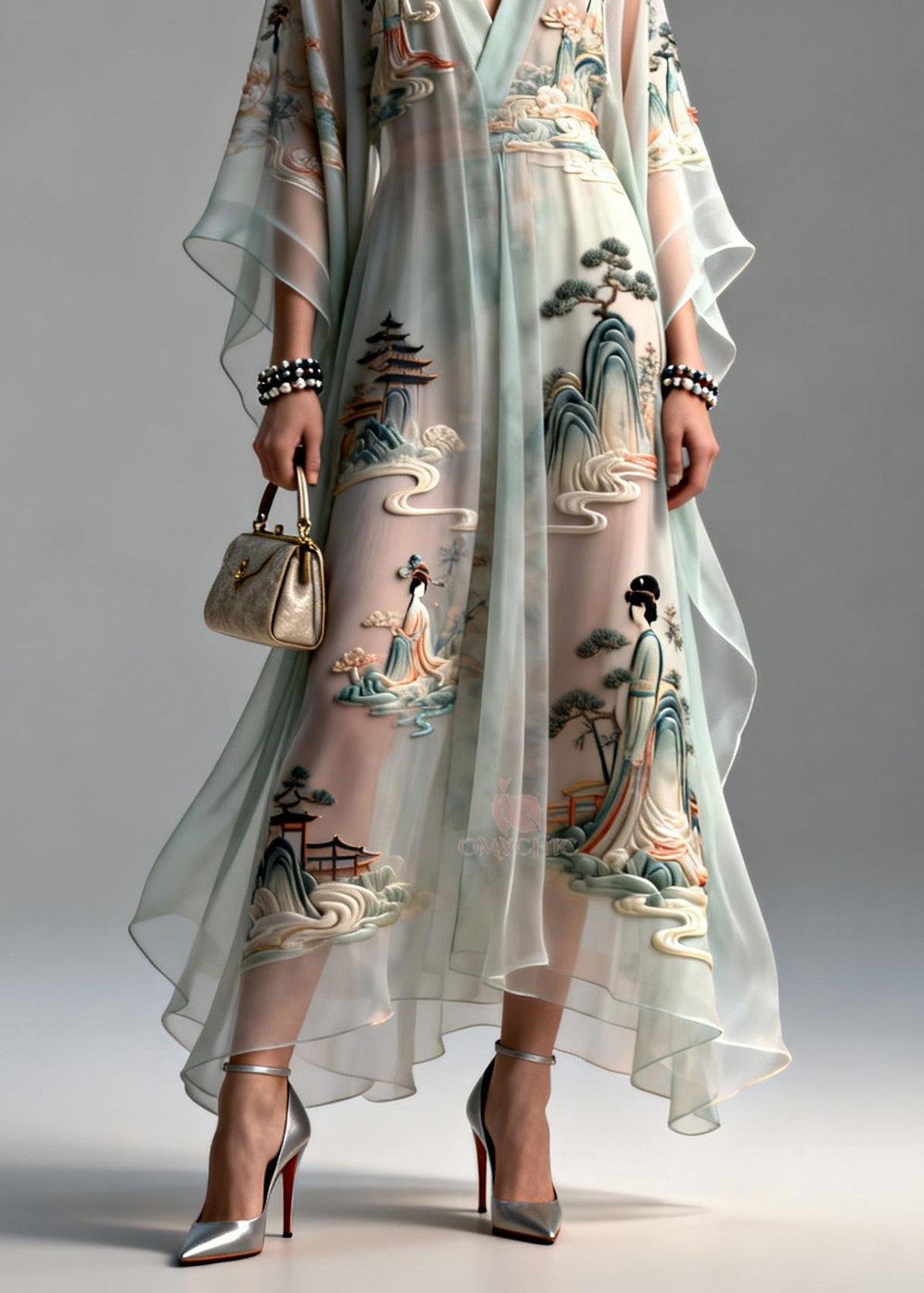 3D Embroidered Landscape Deep V-Neck Kimono Sleeve Asymmetrical Kaftan Maxi Gown