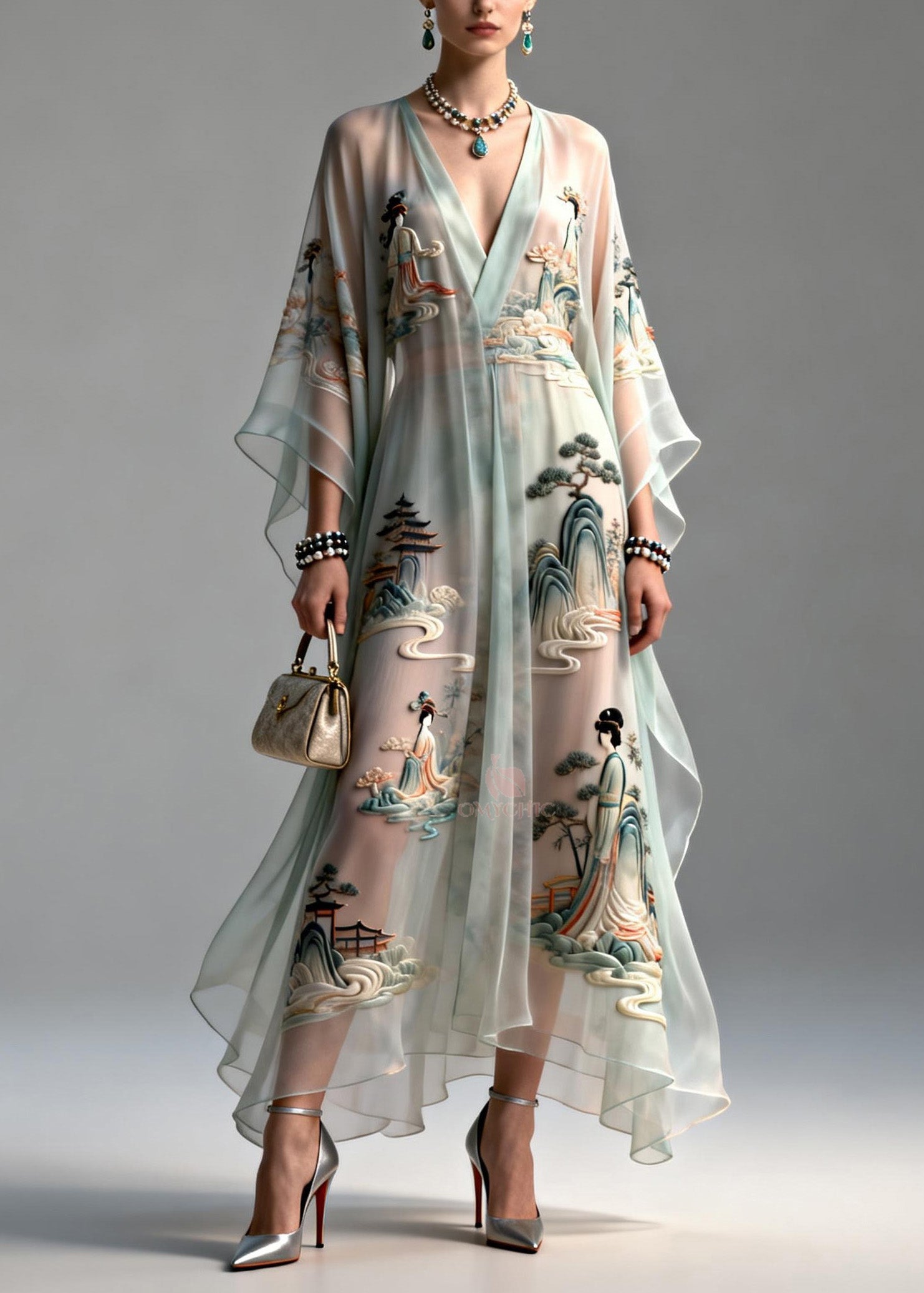3D Embroidered Landscape Deep V-Neck Kimono Sleeve Asymmetrical Kaftan Maxi Gown