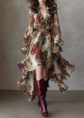 Beautiful V Neck Asymmetrical Design Ruffled Print Chiffon Dress Summer