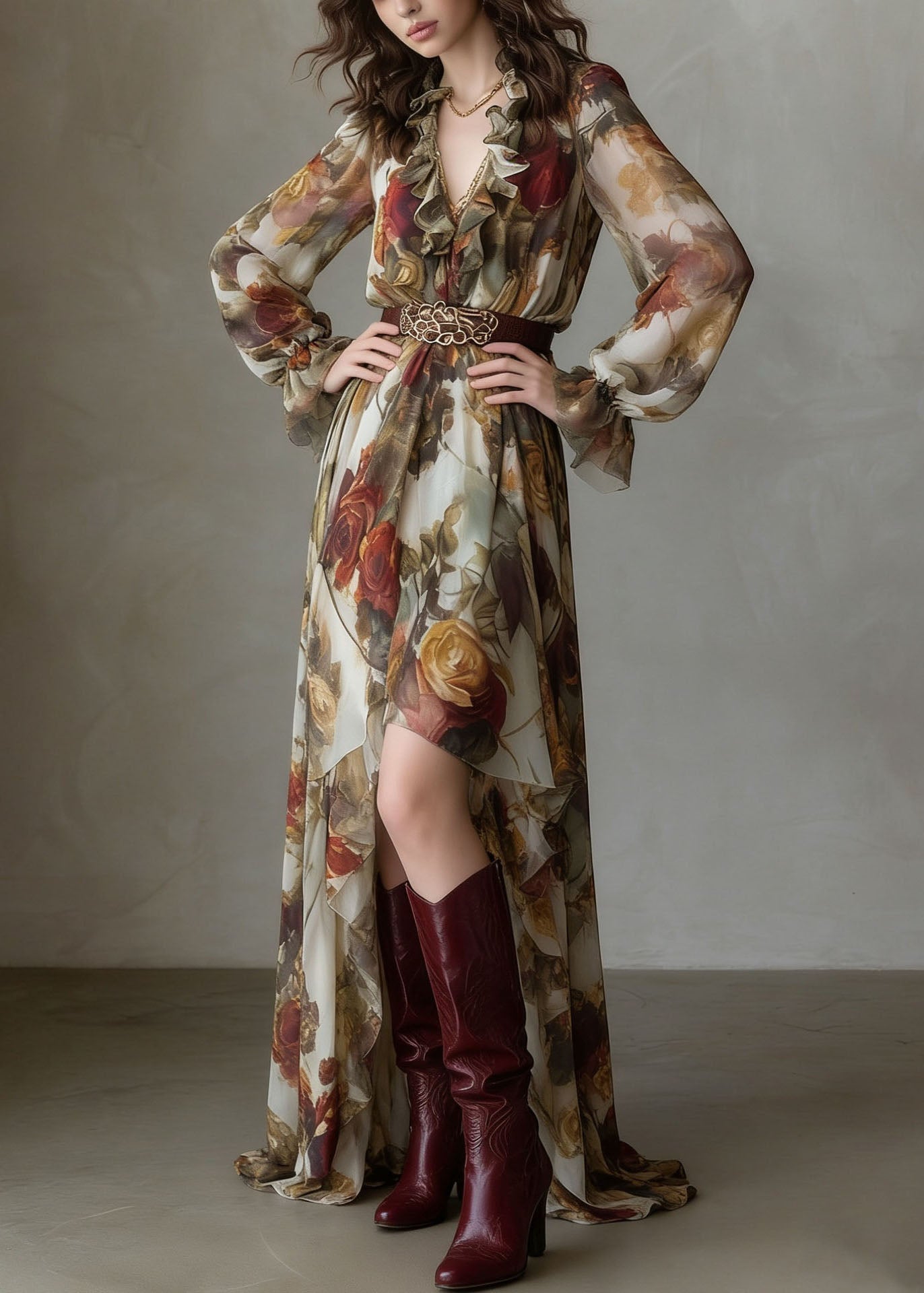 Beautiful V Neck Asymmetrical Design Ruffled Print Chiffon Dress Summer 2
