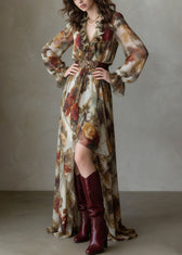 Beautiful V Neck Asymmetrical Design Ruffled Print Chiffon Dress Summer 2