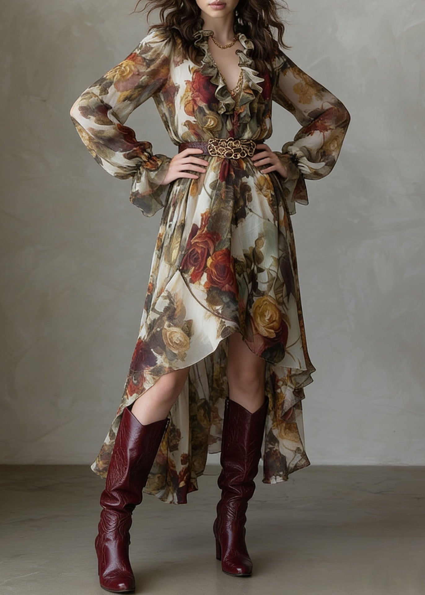 Beautiful V Neck Asymmetrical Design Ruffled Print Chiffon Dress Summer 3