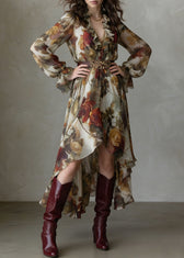 Beautiful V Neck Asymmetrical Design Ruffled Print Chiffon Dress Summer 3
