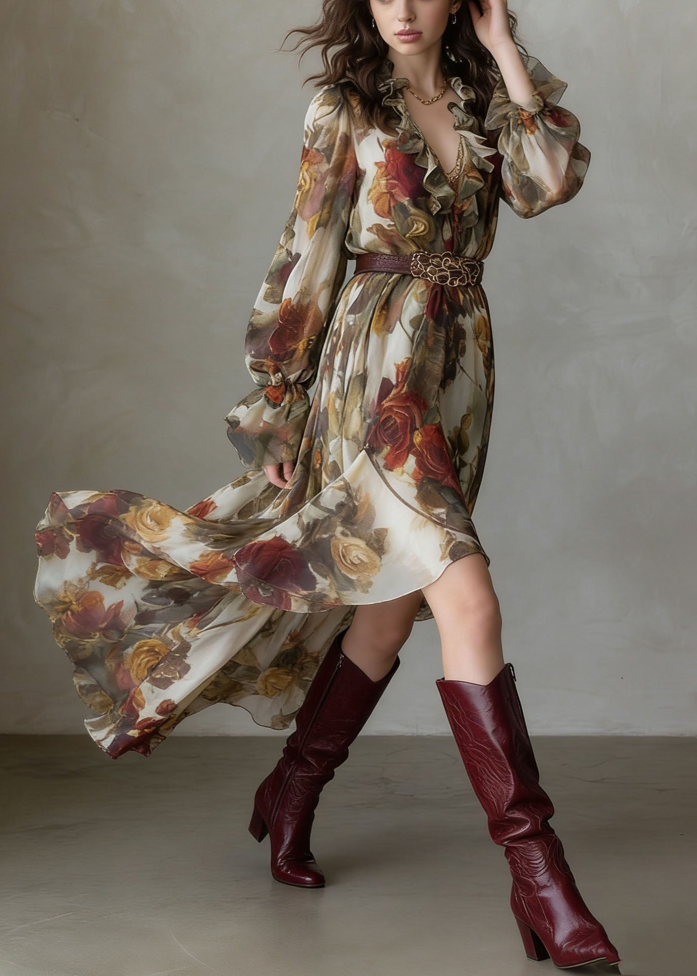 Beautiful V Neck Asymmetrical Design Ruffled Print Chiffon Dress Summer 4