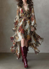 Beautiful V Neck Asymmetrical Design Ruffled Print Chiffon Dress Summer 5