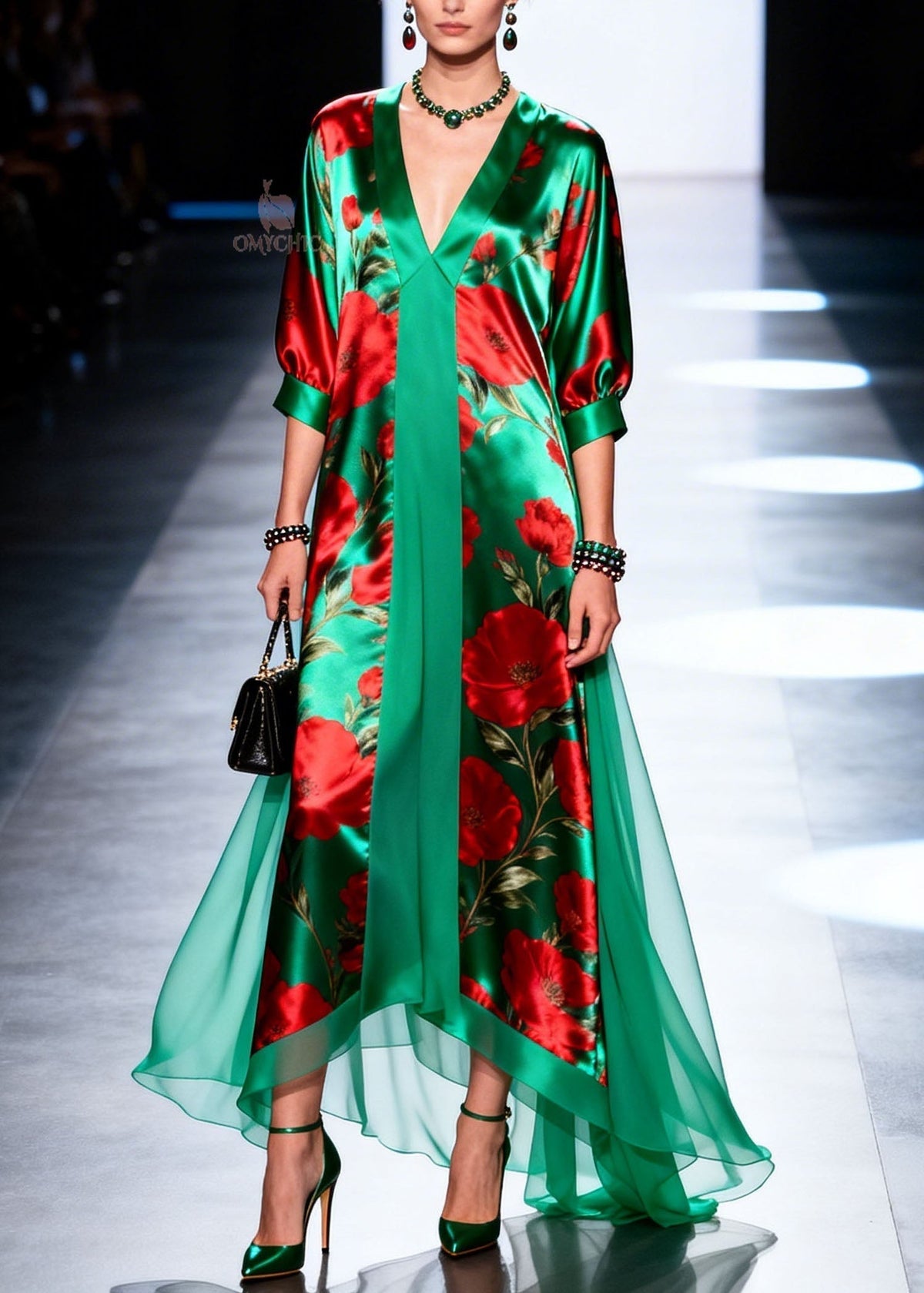 Floral Print Satin V-Neck Puff Sleeve Sheer Overlay Maxi Dress 3
