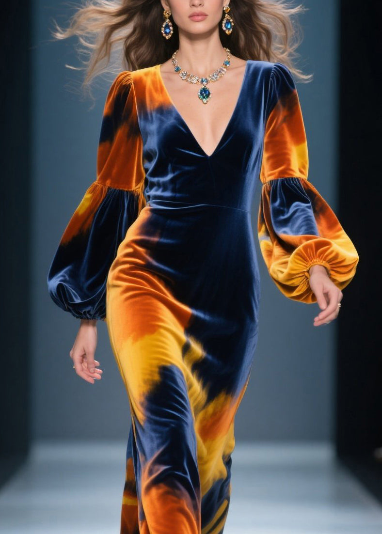 Velvet Tie Dye Lantern Sleeve Deep V-Neck Maxi Gown