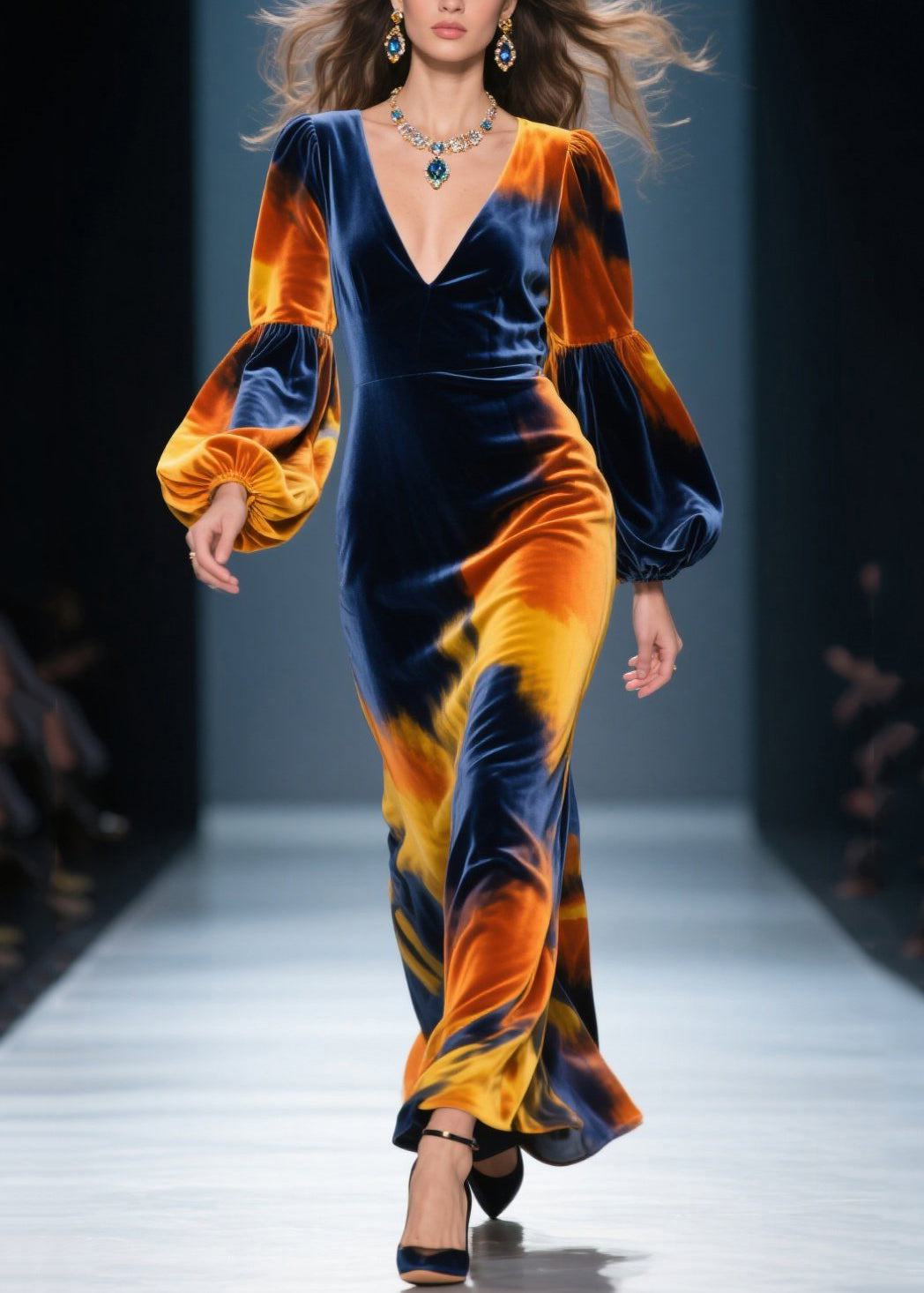 Velvet Tie Dye Lantern Sleeve Deep V-Neck Maxi Gown