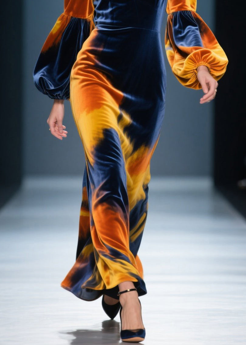 Velvet Tie Dye Lantern Sleeve Deep V-Neck Maxi Gown