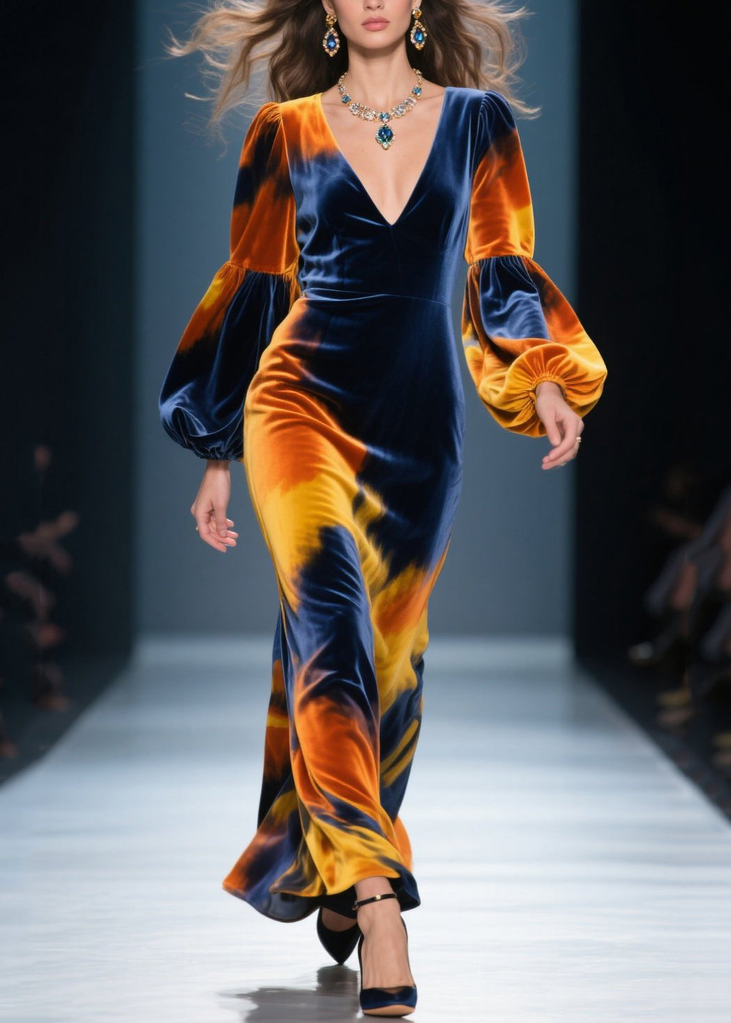Velvet Tie Dye Lantern Sleeve Deep V-Neck Maxi Gown