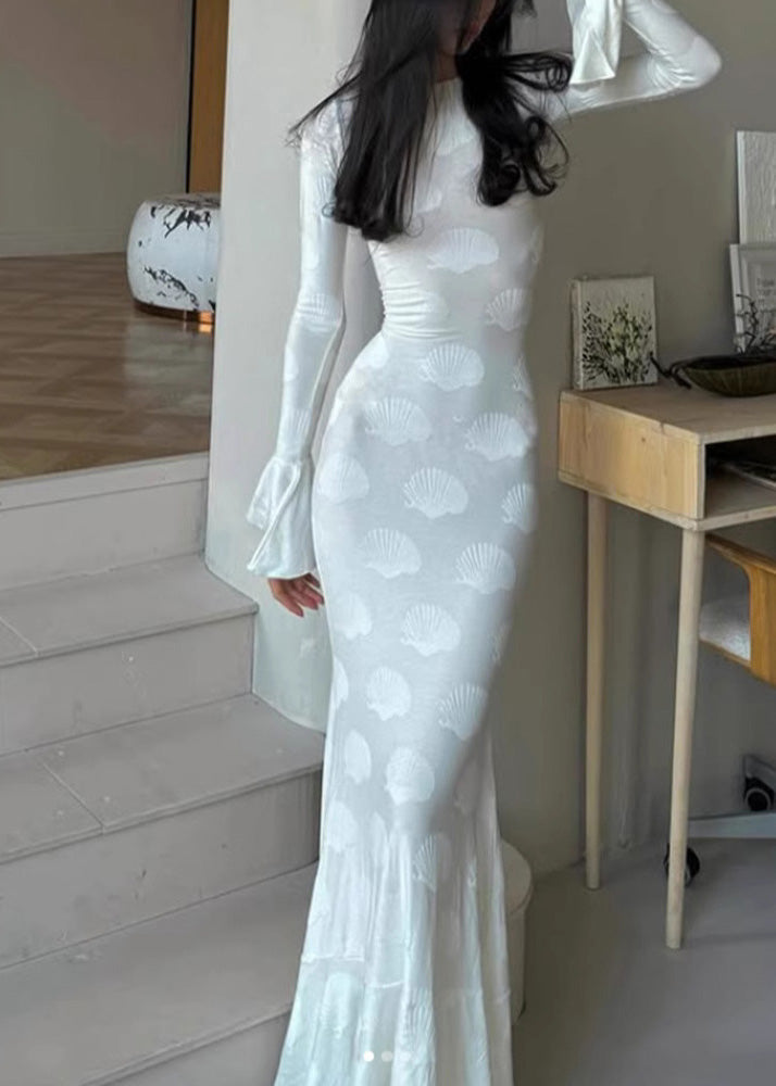 Shell Jacquard Round Neck Long Flare Sleeve Mermaid Maxi Dress