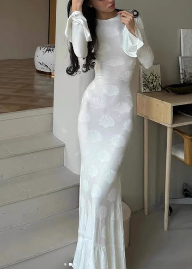 Beautiful White O Neck Backless Lace Up Silk Dress Flare Sleeve 2