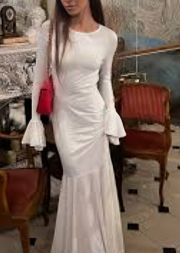 Beautiful White O Neck Backless Lace Up Silk Dress Flare Sleeve 3