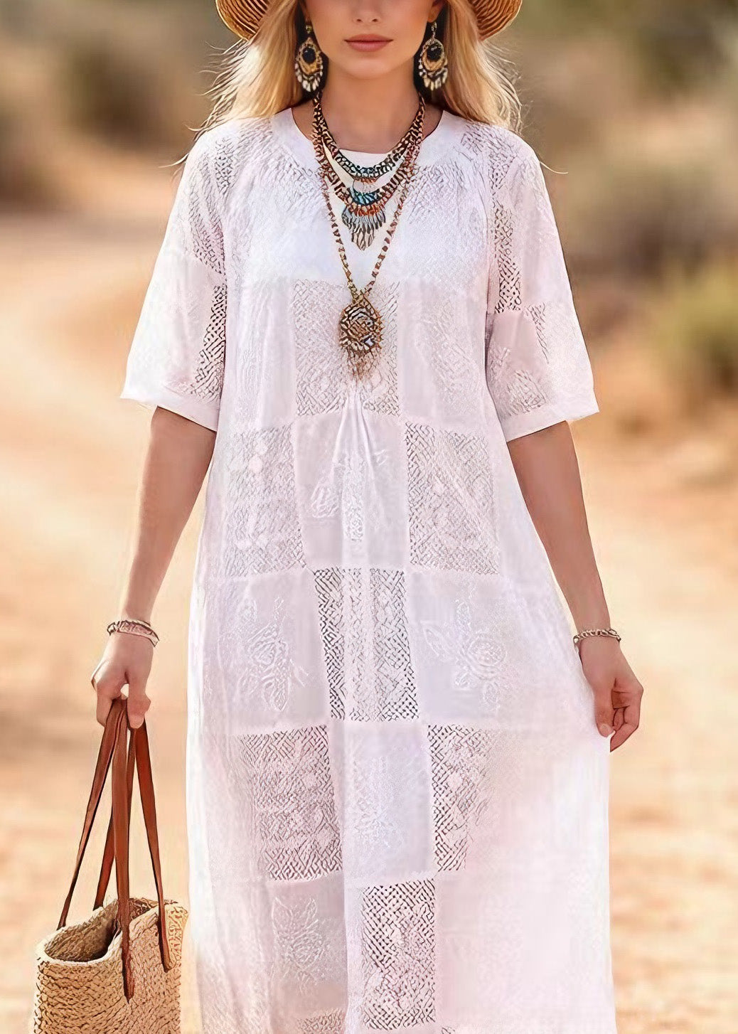 Beautiful White O Neck Embroidered Lace Maxi Dress Summer 2