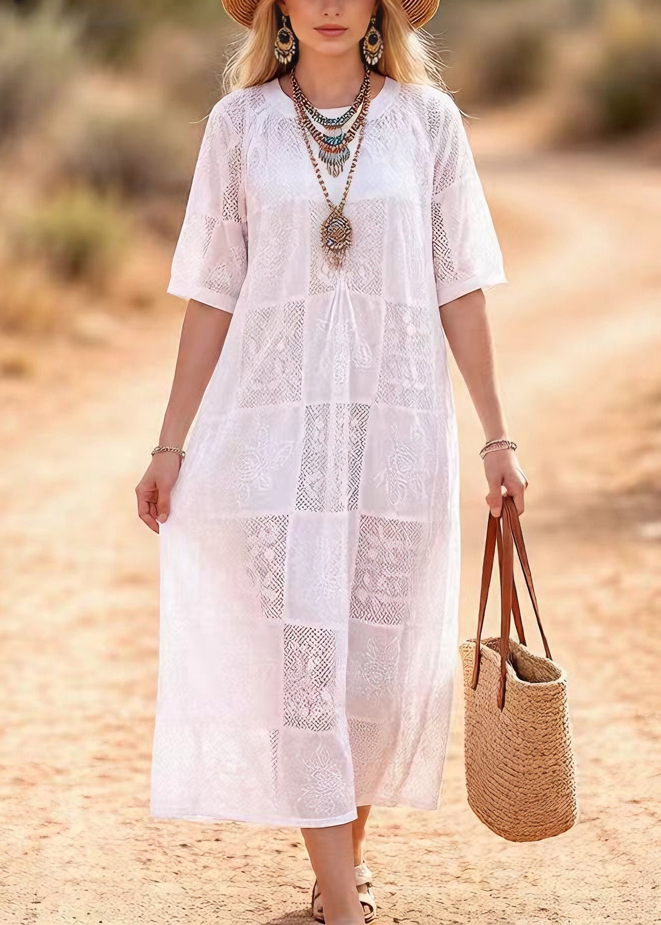 Beautiful White O Neck Embroidered Lace Maxi Dress Summer 3