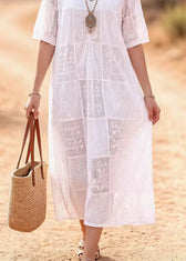Beautiful White O Neck Embroidered Lace Maxi Dress Summer 4